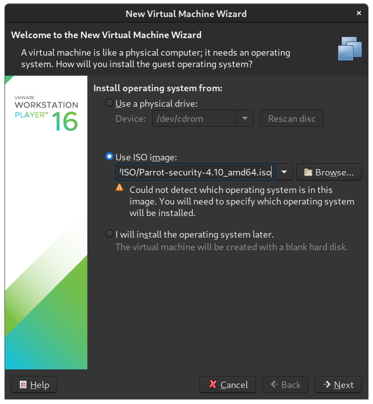 VMware Workstation/Player Select ISO File