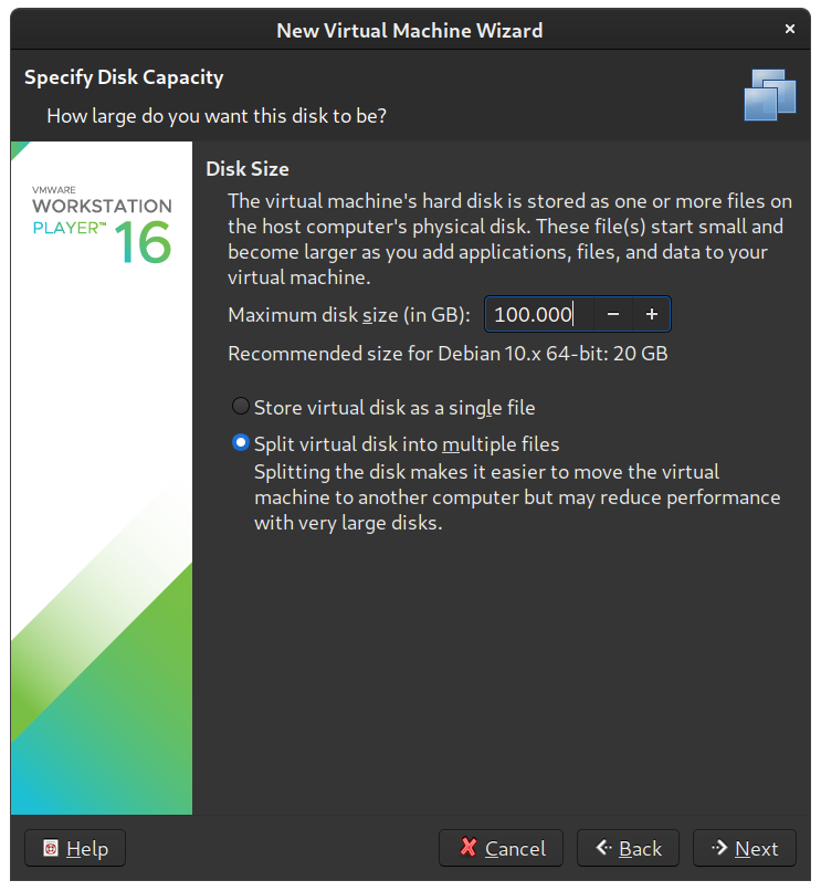 VMware Workstation/Player - 100 GB is a safe choice to start. Split the virtual disk into multiple files for ease of VM copying if needed